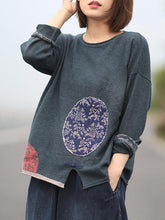 Vintage Jacquard Split-Front Button Round Neck Sweater